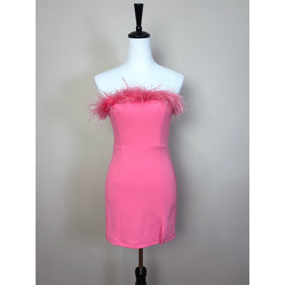 New Hello Molly Hot Pink‎ Feather Trimmed Strapless Mini Dress Size Small Barbie
